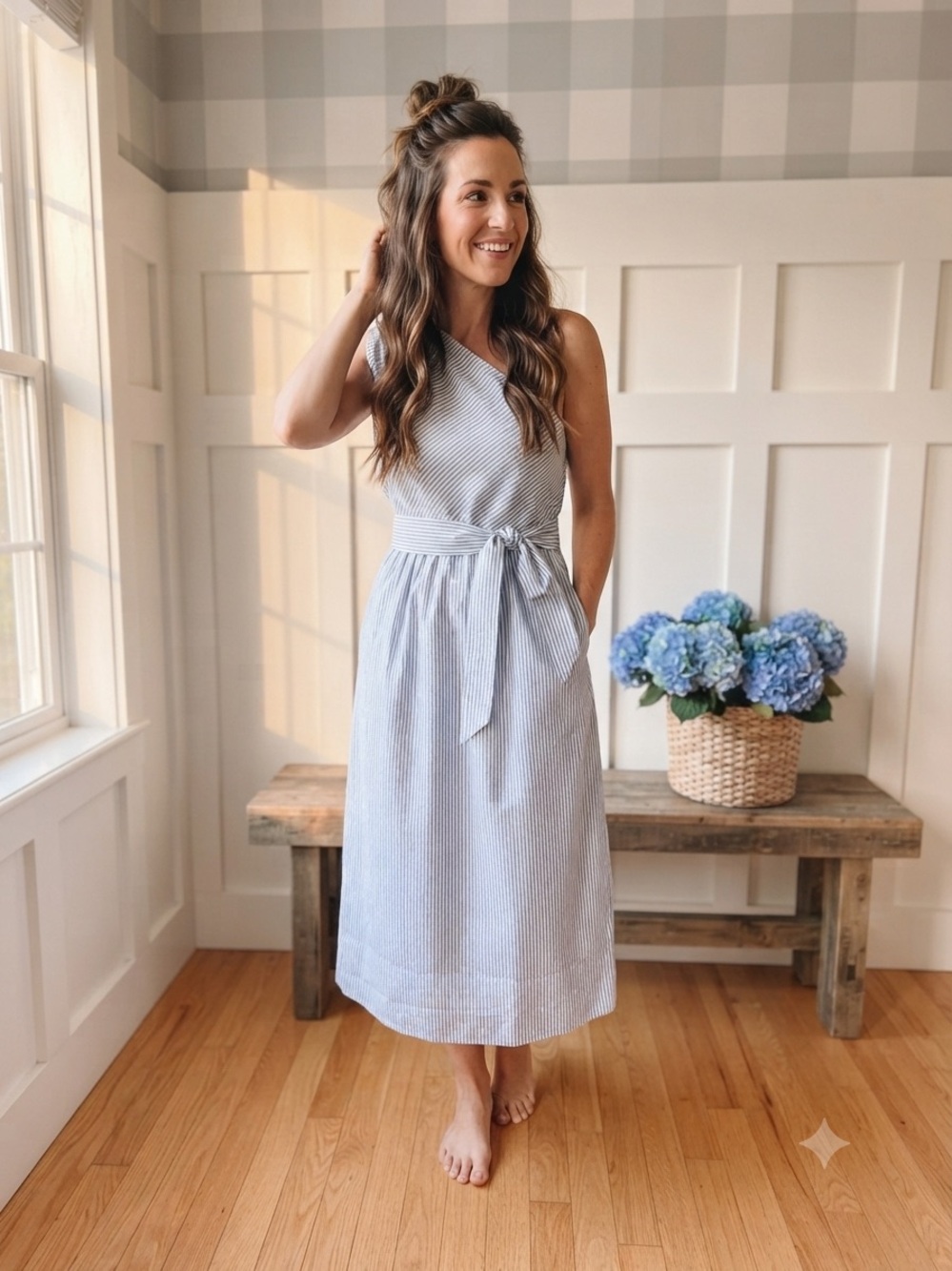 Striped Sleeveless Midi Dress with Tie Waist in Light Blues Large